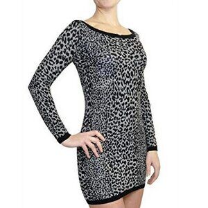 French Connection Leopard Jacquard Round Neck Sweater Dress Grey/Black